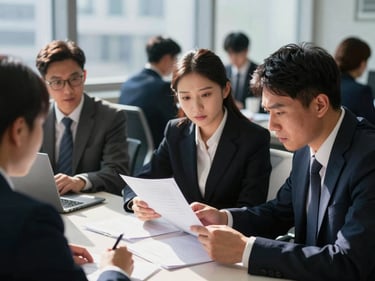 Legal team reviewing documents with a client in a busy district office, high-contrast natural light, focused expressions, 35mm