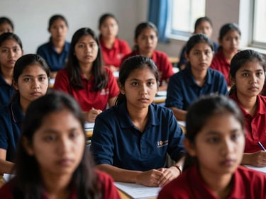 Women participating in a vocational training program, focused and empowered, looking directly at camera, high-contrast natural light, 35mm