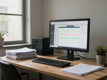 Wide environmental shot of a calm organized home office desk at end of day, monitor showing a workflow calendar, natural window light, no person present, papers neatly stacked