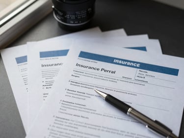 Close-up overhead flat-lay of insurance policy renewal documents and a pen resting on a desk surface, natural window light from the left, forms slightly fanned out, no people visible