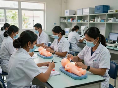 Wide environmental photograph of an Indonesian nursing college midwifery skills lab, students in clinical uniforms practicing obstetric procedures on birthing simulators, institutional lab environment with equipment racks and natural daylight