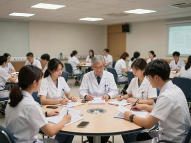 Environmental shot of a hospital administration and health management seminar room, nursing management students in groups discussing case studies at round tables, overhead lighting, professional academic atmosphere