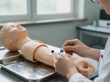 Close-up of nursing student hands performing intravenous catheter insertion on a medical training mannequin arm in a clinical skills lab, natural daylight from side windows, stainless steel tray visible