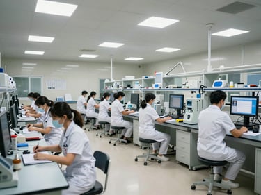 Clinical skills laboratory interior at a nursing college, students in white uniforms practicing on medical simulators, overhead fluorescent lighting, wide shot showing equipment and facility scale
