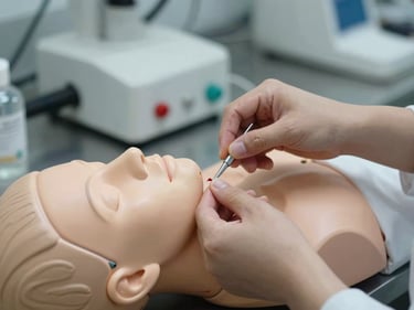Close-up of nursing student hands performing wound care procedure on a medical training mannequin in a skills lab, realistic clinical lighting, equipment visible in background