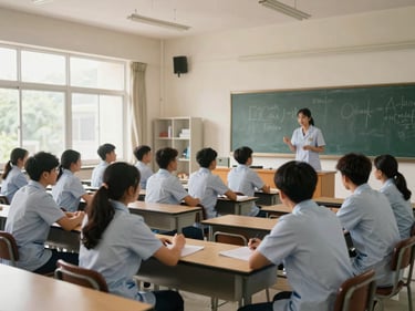 Nursing college classroom with students in academic attire engaged in group discussion, natural window light from the left, wide environmental framing showing the learning space