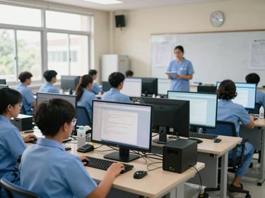 Wide shot of a nursing informatics classroom at a West Java nursing college, students seated at desktop workstations reviewing digital health records on screens, academic setting with whiteboards and natural window light