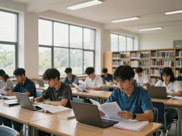 Nursing college library and study area, students seated at desks reviewing clinical textbooks and laptops, natural daylight from tall windows, wide shot showing the academic environment