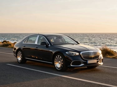 A luxury black sedan driving along the scenic coastal boulevard of Knokke-Heist at golden hour, sea in the background