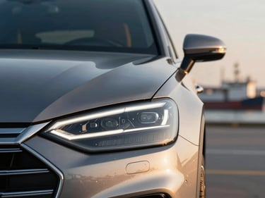 Close-up of a premium sedan's sleek headlight, modern port terminal of Zeebrugge in soft focus background, crisp daylight