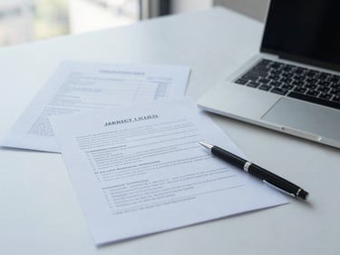 Organized desktop with legal documents, a pen, and a laptop, focus on precision, clarity, and administrative efficiency.