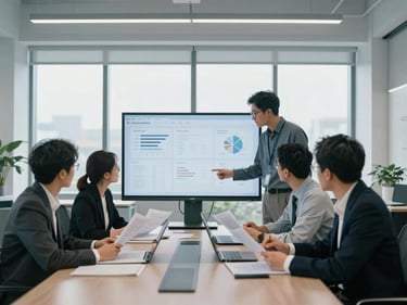 Professionals collaborating in a modern, well-lit office, reviewing documents on a large screen, focus on teamwork and organized information flow.
