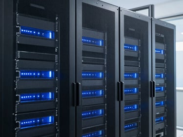 Data center server racks with glowing blue lights, clean lines, technological focus, low saturation, emphasizing structured digital environments.