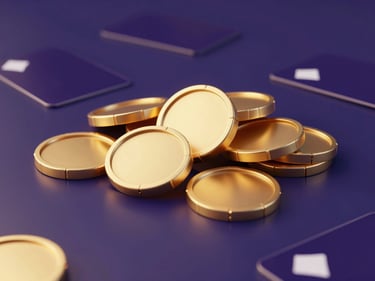 Sleek 3D render of stylized gold chips and dark purple cards on a reflective digital table, dramatic studio lighting