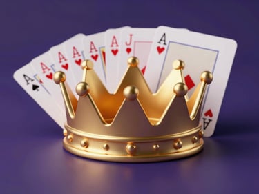Sleek 3D render of a premium gold crown next to a deck of cards, low-key dramatic lighting, deep purple accents