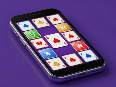 Sleek 3D render of a hand-held mobile device showing a clean Rummy game board with gold-trimmed cards, deep purple background