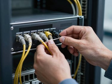 Hands of an engineer configuring a rack-mounted firewall appliance, close framing, cool studio lighting, visible labeling on cable ends, precise technical work in progress