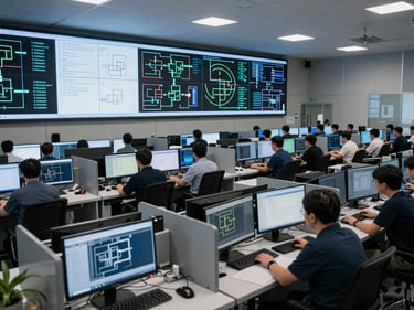 Wide angle view of a government IT operations center, rows of workstations with network topology maps on large wall displays, cool even lighting, team members working at consoles, no posed shots