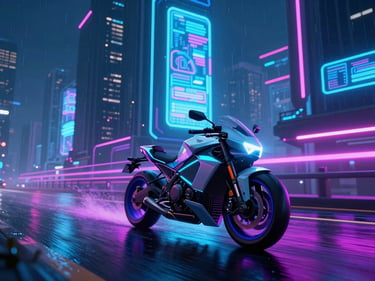 Sleek cyberpunk motorcycle speeding down a rain-slicked city street, neon blue and magenta light trails, towering dark skyscrapers with glowing holographic advertisements, cinematic 3D render.
