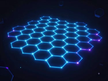 Abstract glowing neon blue hexagonal grid floating in a dark digital void, interconnected nodes pulsing with turquoise light, high-tech futuristic interface design, cinematic octane render.