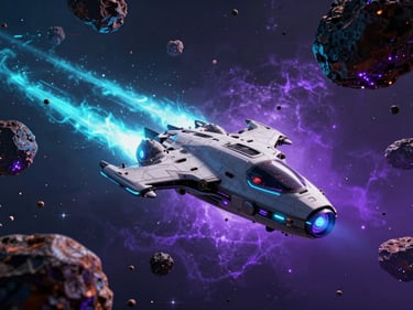 Sleek futuristic spaceship navigating through a dense field of dark asteroids, bright cyan engine trails, glowing purple nebula in the background, high-contrast cinematic lighting, octane render.