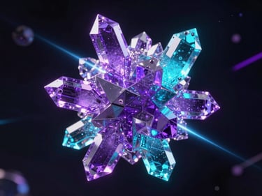 Floating complex geometric puzzle made of translucent purple and cyan crystals, glowing light beams connecting the fragments in dark space, high-tech cybernetic aesthetic, 3D render.