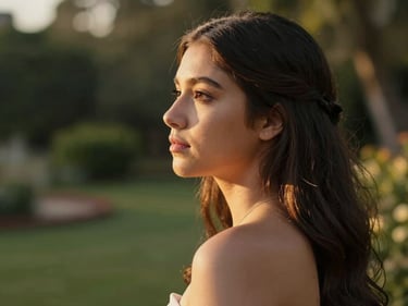 Tight portrait of a quinceañera in profile, face and bare shoulders lit by warm golden hour light from the side, soft background bokeh of an outdoor garden, contemplative expression, no forced pose, natural and still