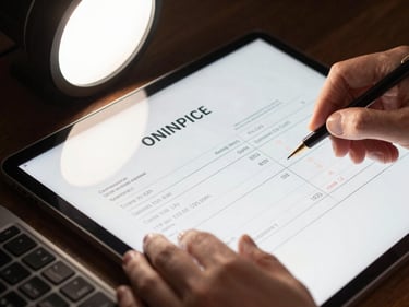 Close-up of hands reviewing an invoice on a screen next to a keyboard, studio strobe lighting from above, sharp focus on the screen content showing billing line items and approval status
