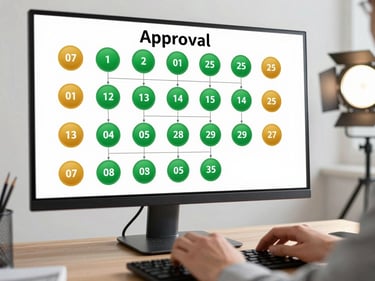 Wide monitor showing a multi-step approval workflow diagram with status badges in green and amber, hands at keyboard in foreground slightly blurred, bright clean studio light from the right