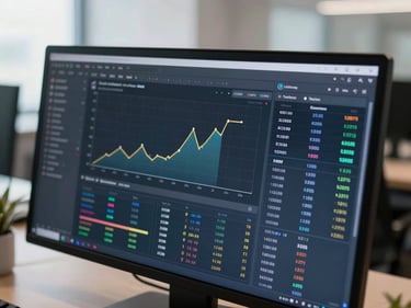 Overhead shot of a data report dashboard on a screen showing charts and KPI tiles updating in real time, clean bright office light, no people visible, focus on the interface