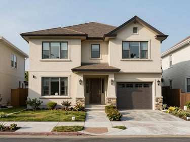 Three-bedroom house exterior, street-level facade shot at mid-day, single-family home with small front garden, residential neighborhood street visible, no filters or enhancement