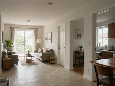 Two-bedroom apartment living area, wide shot from hallway showing connected dining space, natural daylight through east-facing windows, neutral paint, clean tile floor
