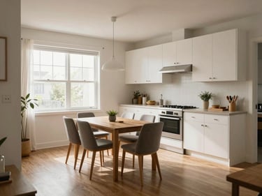 Bright one-bedroom apartment kitchen and dining area, white cabinets, mid-day light through south window, wide shot from living room doorway showing true room scale