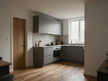 Studio apartment interior, compact living space with efficient kitchen visible, professional diffused lighting from side window, true-proportion wide shot from entrance doorway