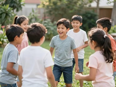 Group of Latin children playing an active outdoor game in a green garden, sunny day, laughter, candid, 35mm