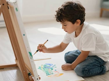 A young Latin child painting on a large canvas on the floor, natural light, focused expression, candid, 35mm