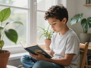 A Latin boy reading a book near a bright window surrounded by plants, peaceful atmosphere, candid, 35mm