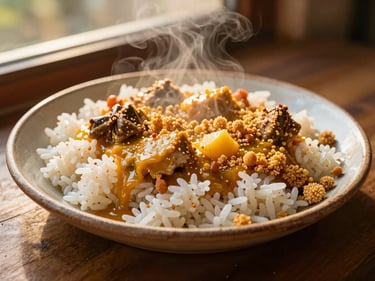 Close-up of a plate of moqueca with white rice and farofa, steam rising gently, photographed from just above plate level, golden afternoon light from a side window, rustic ceramic plate on a wooden surface
