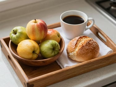 Close-up overhead of a small wooden tray with a bowl of fresh fruit, a warm bread roll and a cup of black coffee on a white cloth, soft north-facing morning daylight, Bahian kitchen counter texture visible at the edges