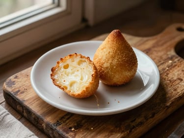Close-up overhead of a small plate with a coxinha and a pastel de queijo on a worn wooden board, crumbs visible, warm ambient light from a nearby window, simple cloth napkin at the edge of the frame