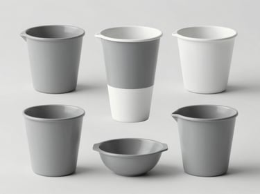 A collection of simple gray and white household utility items, organized layout