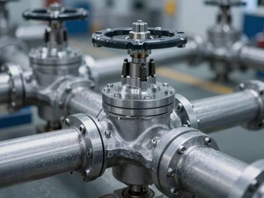 Complex hydraulic valve block with manifold, technical focus, cool lighting.
