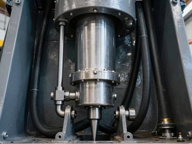 Hydraulic cylinder and hoses for a refuse compactor, sharp industrial detail.