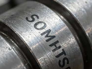 Macro shot of a metal serial plate on a worn industrial part, crisp text details.