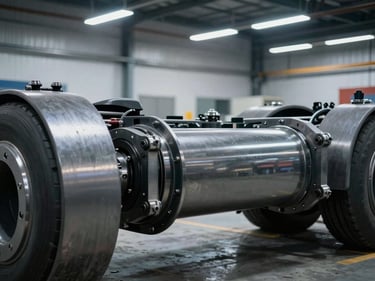 Close-up of a heavy-duty truck axle assembly, clean industrial workshop, cool lighting.