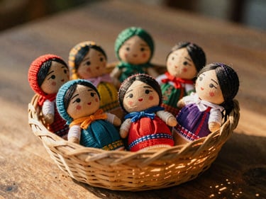 A cluster of tiny, colorful hand-wrapped Guatemalan worry dolls resting in a small handwoven basket, soft golden-hour light.
