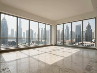 Wide shot of an empty secondary-market apartment living space in Downtown Dubai, large windows with Burj Khalifa visible in the distance, daylight casting clean shadows across a pale marble floor, no furniture or staging