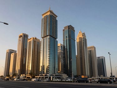 Wide shot of a mid-rise residential block in Dubai Marina district, viewed from street level at golden hour, surrounding towers providing neighbourhood context
