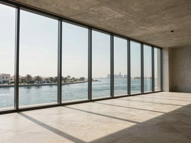 Wide interior shot of an empty high-floor Dubai apartment, floor-to-ceiling glass wall facing the creek waterfront, natural north-facing daylight, concrete ceiling and pale stone floors showing scale and proportion