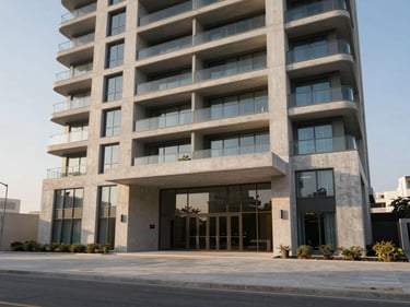 Ground-level entrance of a contemporary Dubai residential tower, clean concrete facade catching morning east-facing light, empty forecourt emphasising scale and proportion